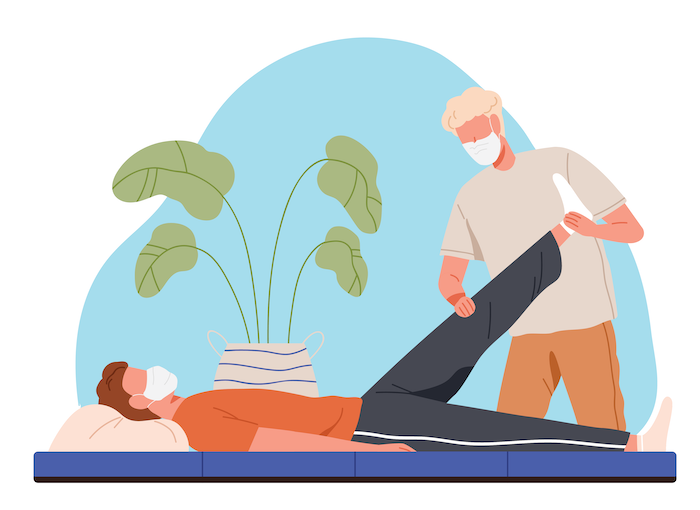 illustration, man getting knee checked by therapist