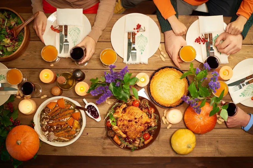 Directly above view of different dishes for celebration of Thanksgiving Day